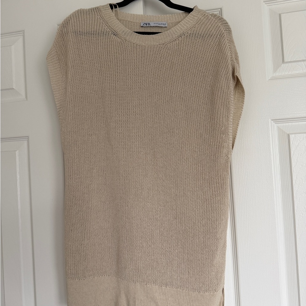 ZARA Women's Cream Scoop-Neck Knit Long Vest